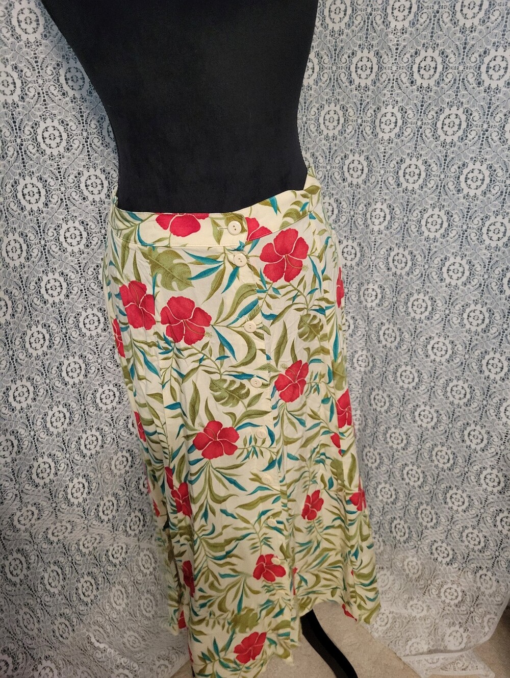 Vintage 90s Sag Harbor Tropical Floral Rayon Midi Skirt